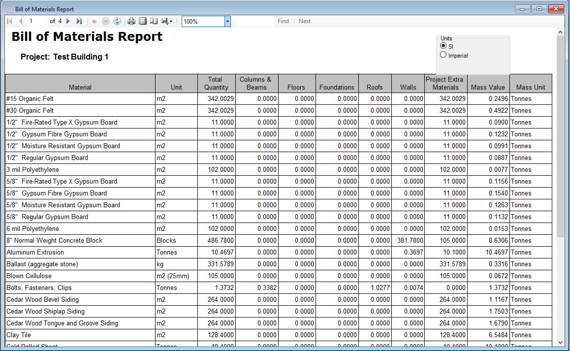 Report - Table - Bill of Materials